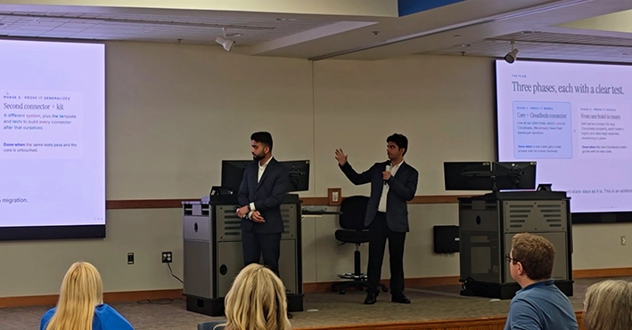 SEMO student and alumnus Bhavya Narula and Jaimin Patel present Afren AI.