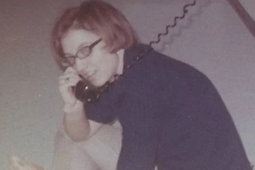 Jason's mother Evelyn LeGrand on the phone in the Towers dorms (1969)
