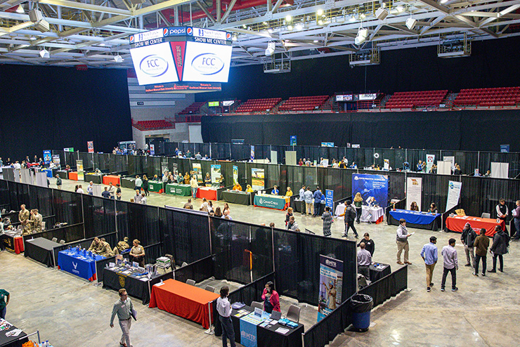 Aerial view of the inside of SEMO's Show Me Center at a career expo.