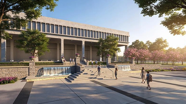 A digital rendering of the revamped terrace in front of a library with fountains, stairs and trees lining the entrance.
