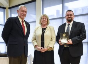 From left are Southeast President Carlos Vargas, Missouri First Lady Teresa Parson and Dr. Jim McGill, professor of chemistry and director of the Jane Stephens Honors Program at Southeast.