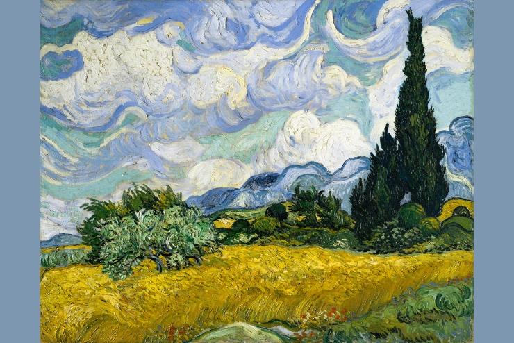 Vincent Van Gogh's "Wheat Field With Cypresses" on a blue background: painting of a field and trees on a bright blue cloudy day
