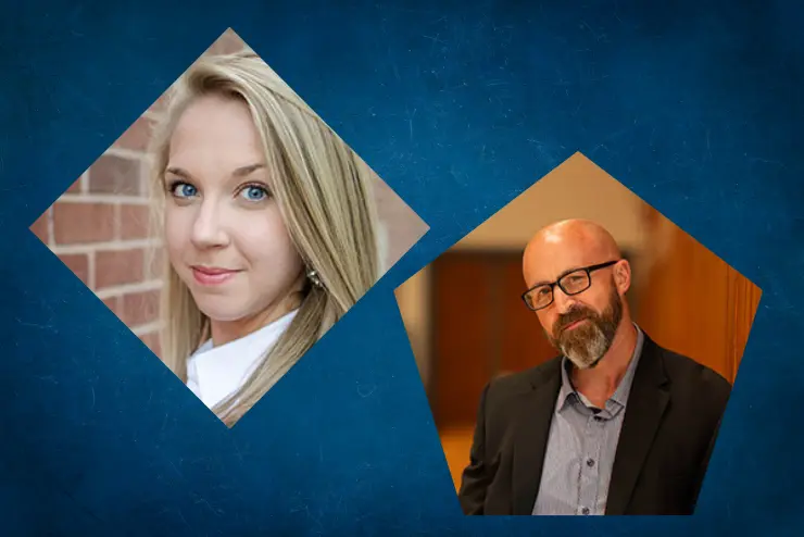 Headshot of Eva Dove in a diamond frame and a headshot of Matt Yount in a pentagon frame with a blue background