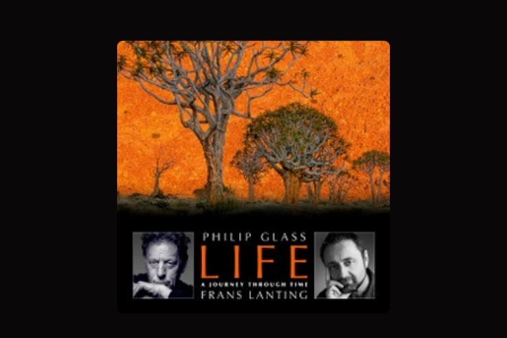 A poster of trees with few leaves and Philip Glass and Frans Lanting portraits beneath the scenery