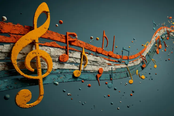 A treble clef with a string of colorful notes and paint splatters