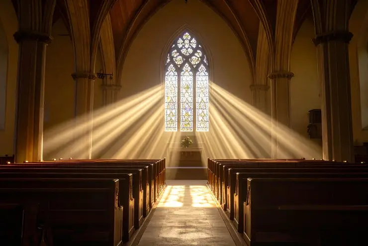 Light illuminating a church through a paned glass window