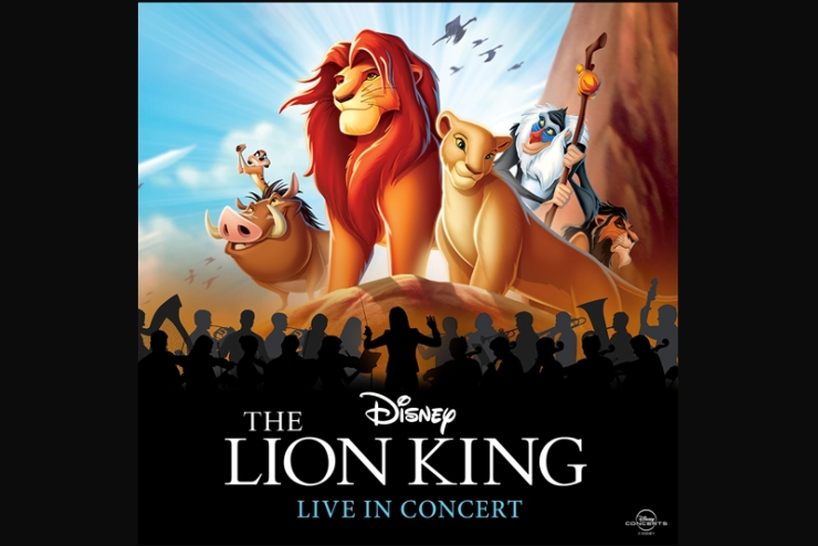 The main characters from The Lion King with shadows of a Symphony Orchestra in the foreground