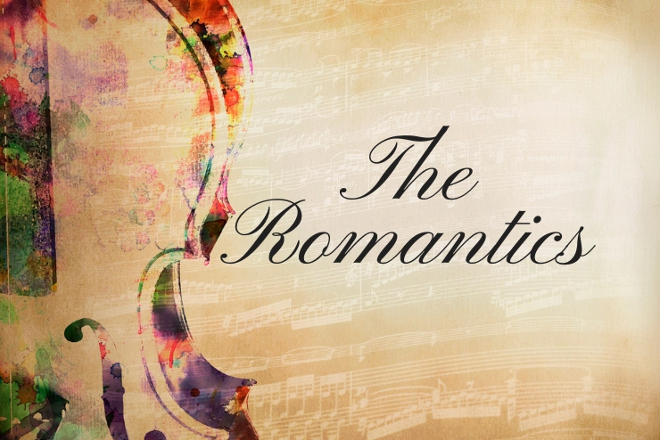 "The Romantics" in a cursive font with a violin formed by paint splatters beside it and musical bars in the background