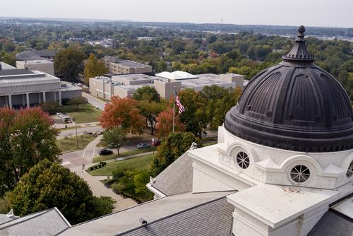 An aerial view of the Academic Hall Dome looking south across campus.