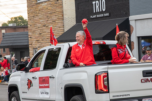 President of SEMO smiling in the back of the truck