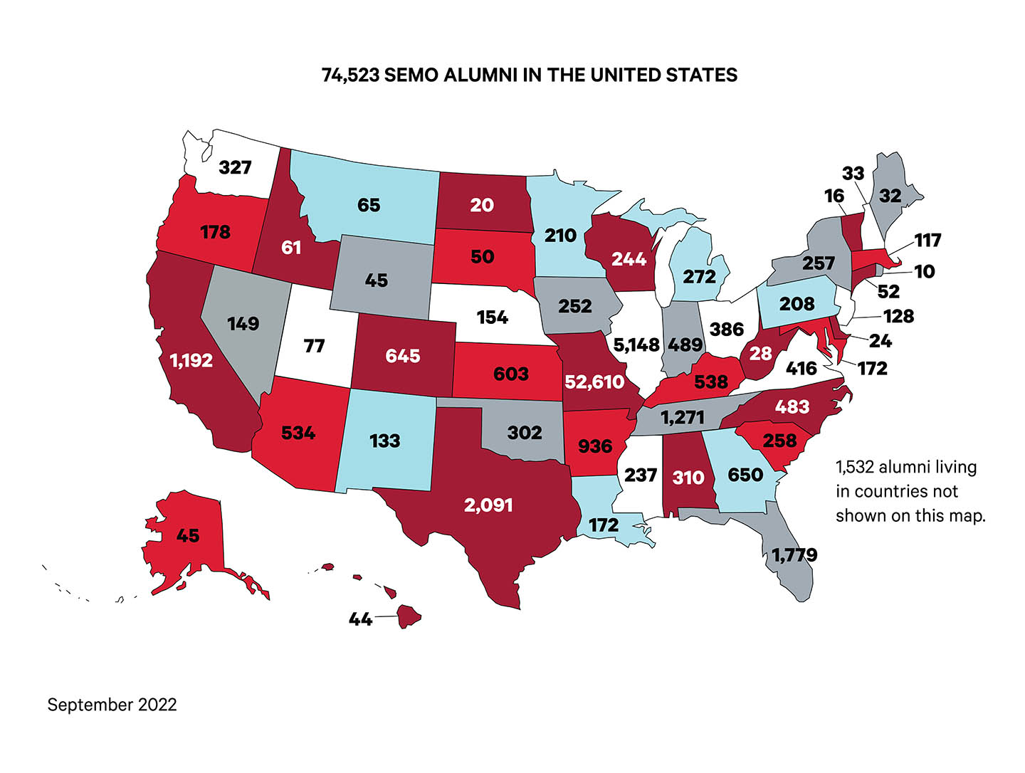 a map of the U S with numbers in each state representing the numbers of alumni residing there