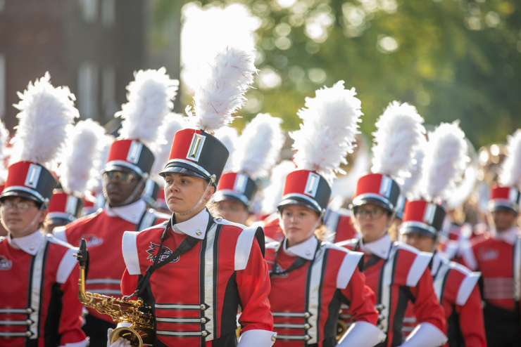 SEMO Marching Band prepares to perform in full uniform.