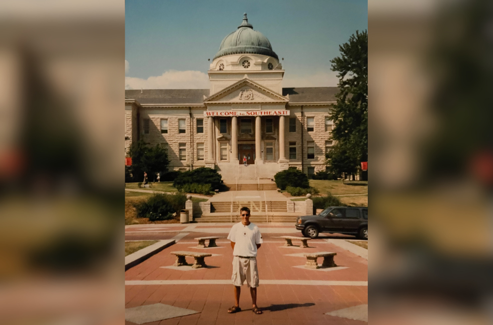 Teenage Bryce Aubuchon smiles in front of Academic Hall before his freshman year at SEMO begins.