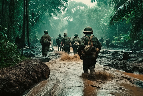 Soldiers walk through water in Vietnam