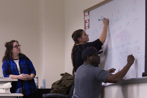 SEMO students write chemistry classwork on the board during supplemental instruction. 