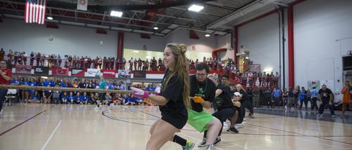 Students compete in tug-of-war during Homecoming week activities at the Recreation Center.