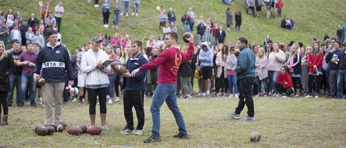 Students gather to watch challenges during Greek Games at Recreation Service’s Brant Field.
