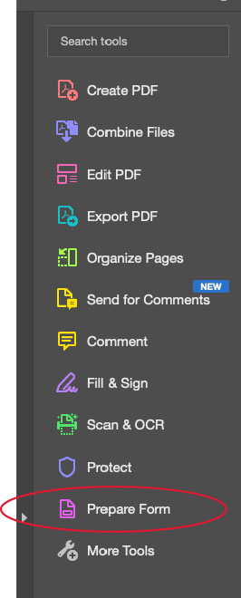 screenshot of menu in Adobe Acrobat with "Prepare Form" circled