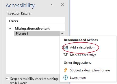 Screenshot of Microsoft Word accessibility checker error panel with suggested fix