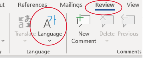 screenshot of Microsoft Word tool ribbon with the Language panel circled