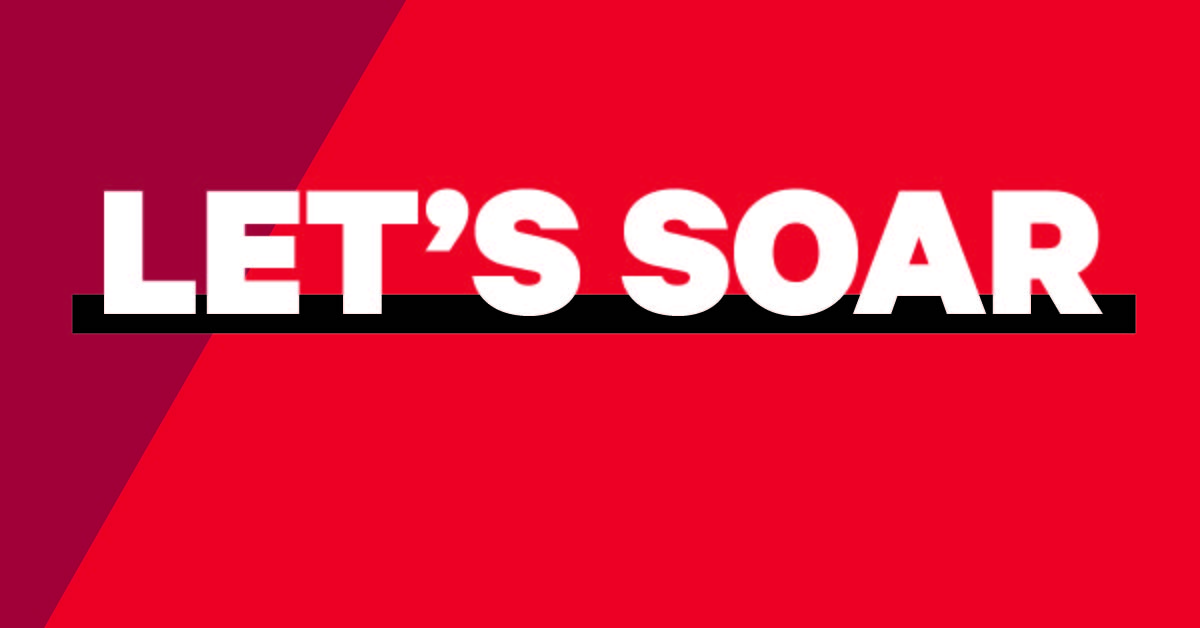 red and purple  background separated by a slash with the text "Let's Soar"